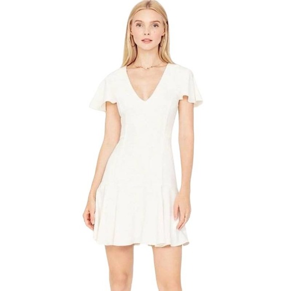 Amanda Uprichard Irvina Mini Dress XS Ivory Flutter‎ Sleeve V-Neck Flounce Hem - Picture 11 of 12
